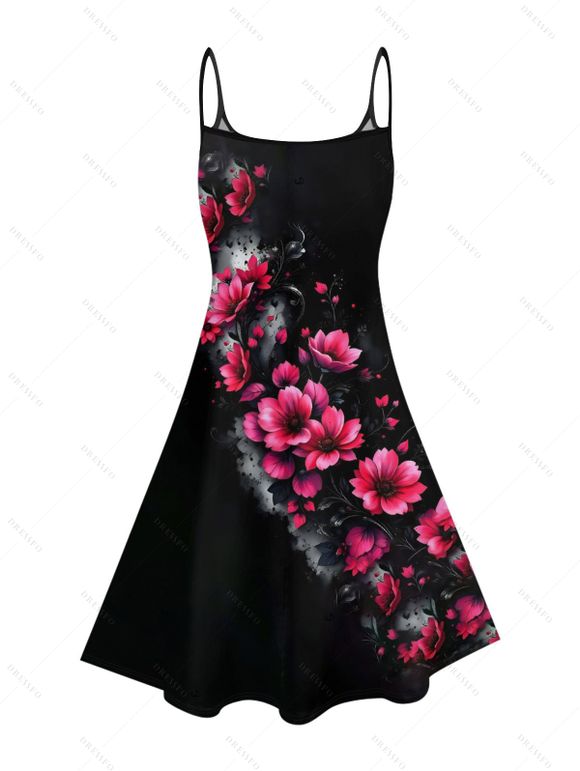 Robe gothique à motifs floraux, bretelles spaghetti, col en V, coupe trapèze, mini-robe décontractée - Noir L | US 8-10
