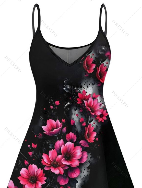 Robe gothique à motifs floraux, bretelles spaghetti, col en V, coupe trapèze, mini-robe décontractée - Noir L | US 8-10