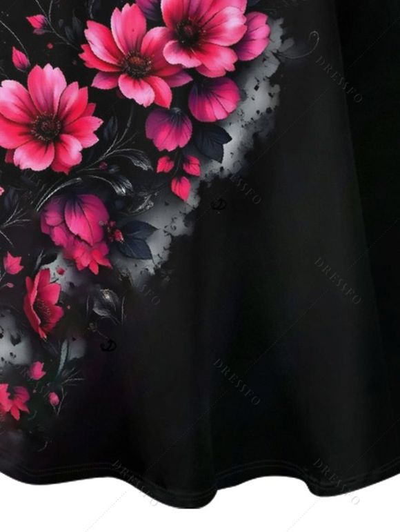 Robe gothique à motifs floraux, bretelles spaghetti, col en V, coupe trapèze, mini-robe décontractée - Noir L | US 8-10