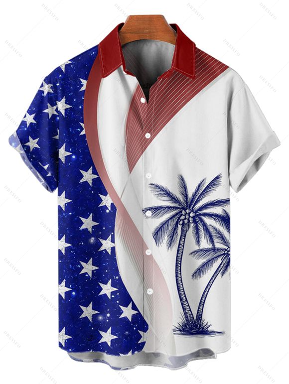 Chemise patriotique à manches courtes et boutons pour homme, motif cocotier, drapeau américain, jour de l'indépendance - Bleu 5XL