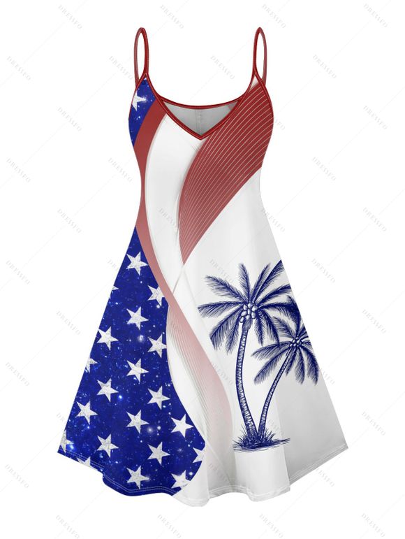 Robe de fête de l'indépendance à motif de drapeau américain et de cocotiers, bretelles spaghetti, col en V, coupe trapèze, mini-robe débardeur patriotique - Bleu XXXXXL | US 20
