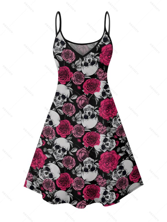 Robe gothique à motif de crânes et de roses, bretelles spaghetti, col en V, coupe trapèze, mini-robe décontractée - Noir XXXXXL | US 20