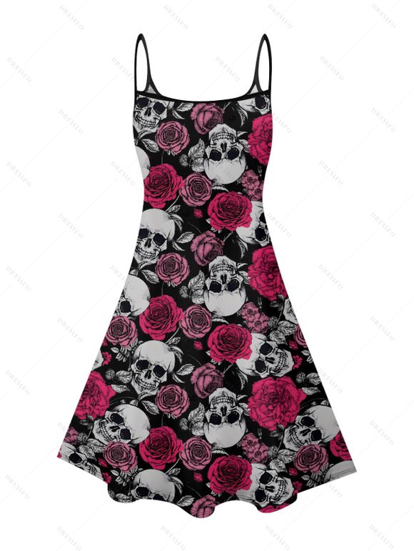 Robe gothique à motif de crânes et de roses, bretelles spaghetti, col en V, coupe trapèze, mini-robe décontractée - Noir XL | US 12