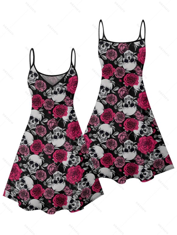 Robe gothique à motif de crânes et de roses, bretelles spaghetti, col en V, coupe trapèze, mini-robe décontractée - Noir XL | US 12