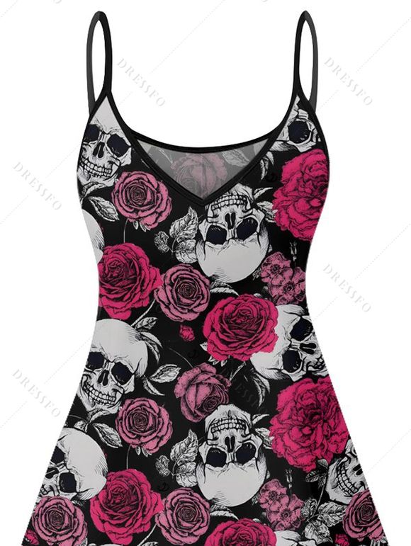 Robe gothique à motif de crânes et de roses, bretelles spaghetti, col en V, coupe trapèze, mini-robe décontractée - Noir XL | US 12