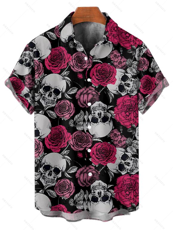 Chemise gothique à manches courtes et boutons pour homme, motif tête de mort et roses, décontractée - Noir 5XL