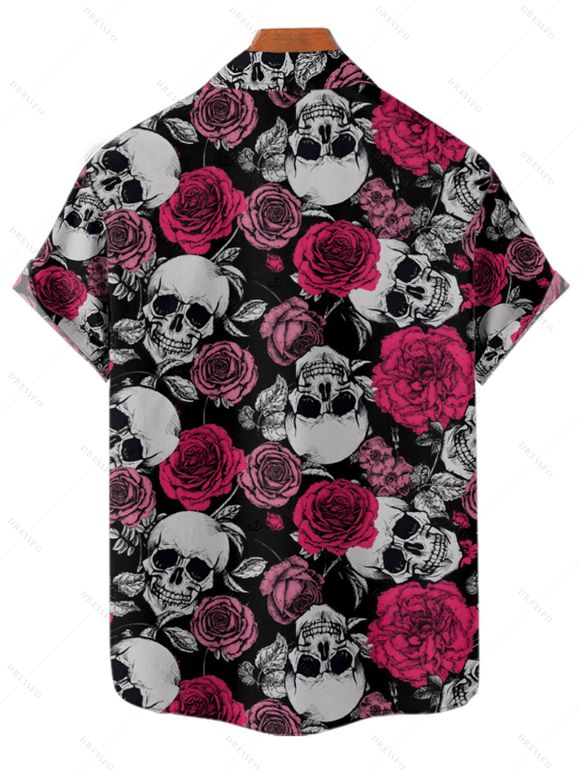 Chemise gothique à manches courtes et boutons pour homme, motif tête de mort et roses, décontractée - Noir 4XL