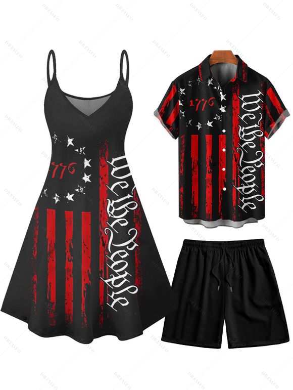 Independence Day Couple Outfit American Flag Letter Pattern Spaghetti Strap Tank Dress and Button Up Shirt Drawstrings Shorts Patriotic Matching Outfit - Noir S | US 4