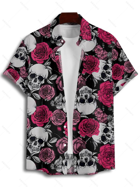 Chemise gothique à manches courtes et boutons pour homme, motif tête de mort et roses, décontractée - Noir 4XL
