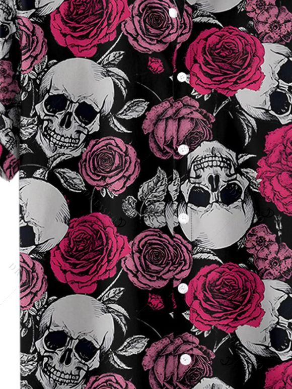 Chemise gothique à manches courtes et boutons pour homme, motif tête de mort et roses, décontractée - Noir 4XL