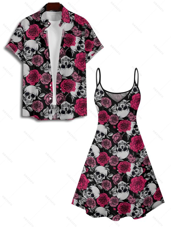 Gothic Couple Outfit Allover Rose Skulls Pattern Spaghetti Strap Mini Tank Dress and Button Up Shirt Matching Outfit - Noir S | US 4