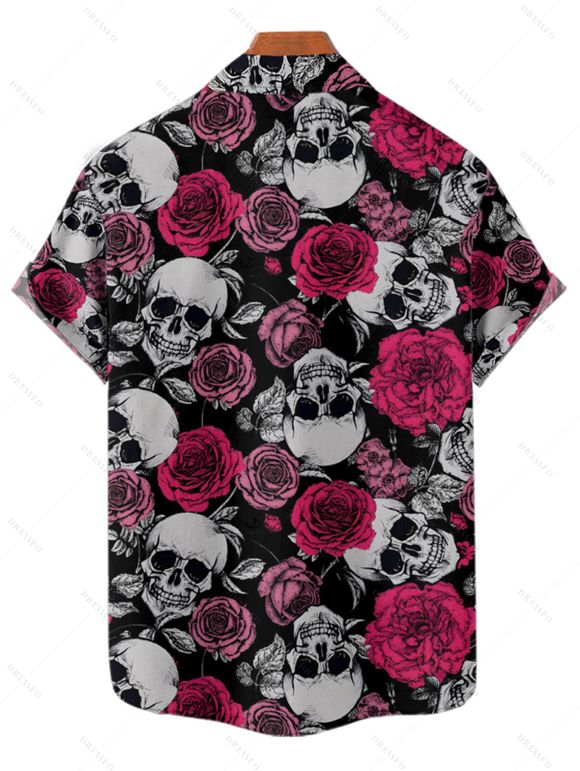Gothic Couple Outfit Allover Rose Skulls Pattern Spaghetti Strap Mini Tank Dress and Button Up Shirt Matching Outfit - Noir S | US 4