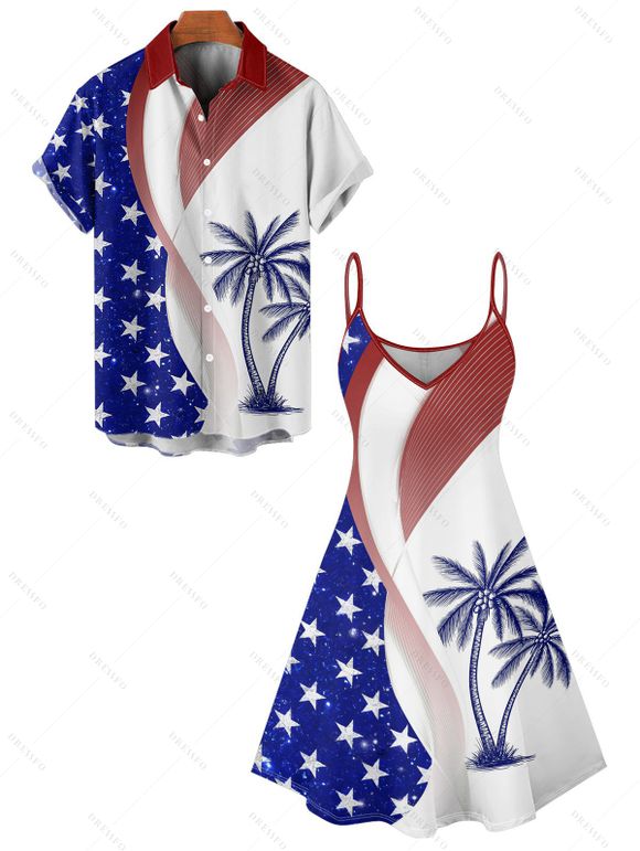 Independence Day Couple Outfit Coconut Tree American Flag Elements Pattern Spaghetti Strap Tank Dress and Button Up Shirt Patriotic Matching Outfit - Bleu S | US 4