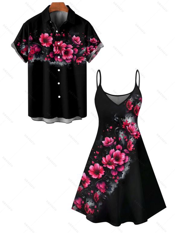 Gothic Couple Outfit Floral Pattern Spaghetti Strap Tank Dress and Button Up Shirt Vacation Matching Outfit - Noir S | US 4