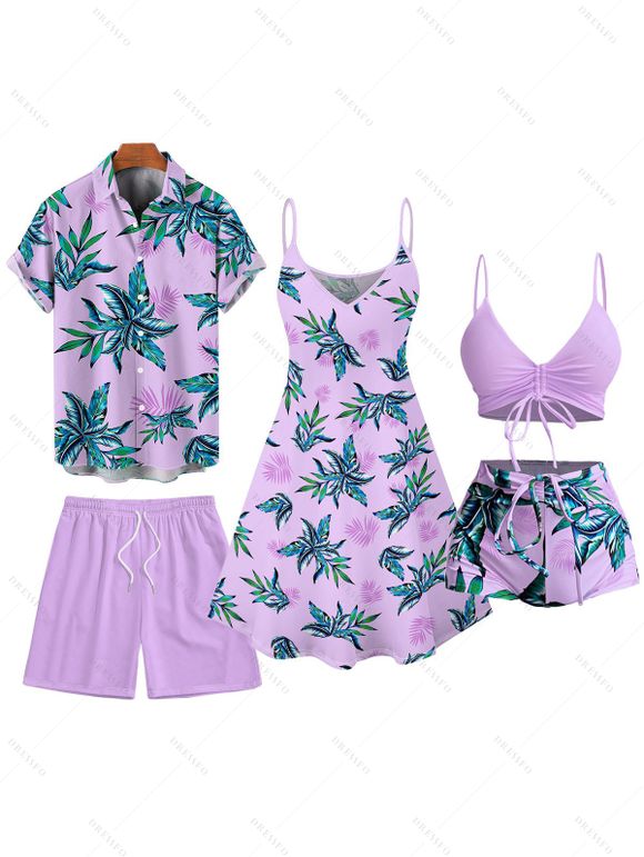 Hawaii Couple Outfit Tropical Plant Print Spaghetti Strap Dress Cinched Tankini Swimsuit and Roll Up Sleeve Shirt Drawstring Shorts Beach Matching Outfit - Violet clair S | US 4