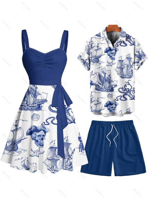 Vacation Couple Outfit Sailing Anchor Starfish Skulls Pattern Ruched Bust Belt Dress and Button Up Shirt Drawstrings Shorts Beach Matching Outfit - Bleu profond S | US 4