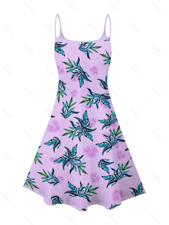 Hawaii Couple Outfit Tropical Plant Print Spaghetti Strap Dress Cinched Tankini Swimsuit and Roll Up Sleeve Shirt Drawstring Shorts Beach Matching Outfit - LIGHT PURPLE S | US 4