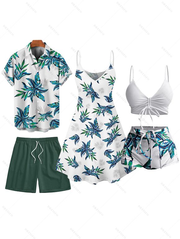 Hawaii Couple Outfit Tropical Plant Print Spaghetti Strap Dress Cinched Tankini Swimsuit and Roll Up Sleeve Shirt Drawstring Shorts Beach Matching Outfit - Blanc S | US 4