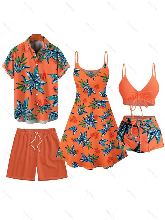Hawaii Couple Outfit Tropical Plant Print Spaghetti Strap Dress Cinched Tankini Swimsuit and Roll Up Sleeve Shirt Drawstring Shorts Beach Matching Outfit - Orange S | US 4