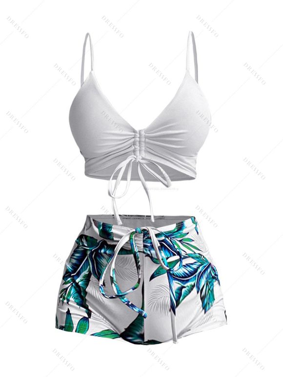 Hawaii Couple Outfit Tropical Plant Print Spaghetti Strap Dress Cinched Tankini Swimsuit and Roll Up Sleeve Shirt Drawstring Shorts Beach Matching Outfit - Blanc S | US 4