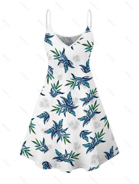 Hawaii Couple Outfit Tropical Plant Print Spaghetti Strap Dress Cinched Tankini Swimsuit and Roll Up Sleeve Shirt Drawstring Shorts Beach Matching Outfit - Blanc S | US 4