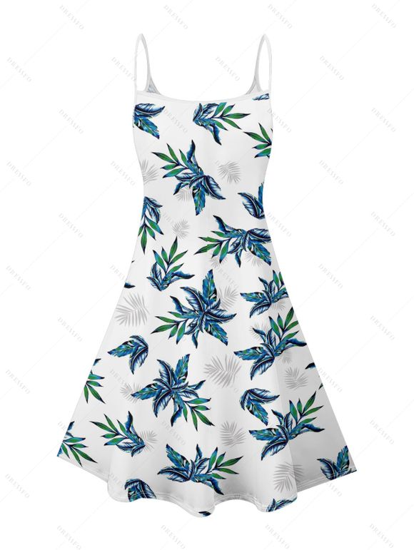 Hawaii Couple Outfit Tropical Plant Print Spaghetti Strap Dress Cinched Tankini Swimsuit and Roll Up Sleeve Shirt Drawstring Shorts Beach Matching Outfit - Blanc S | US 4