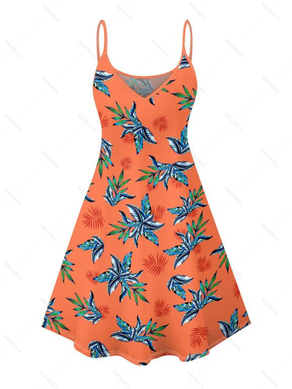 Hawaii Couple Outfit Tropical Plant Print Spaghetti Strap Dress Cinched Tankini Swimsuit and Roll Up Sleeve Shirt Drawstring Shorts Beach Matching Outfit - Orange S | US 4