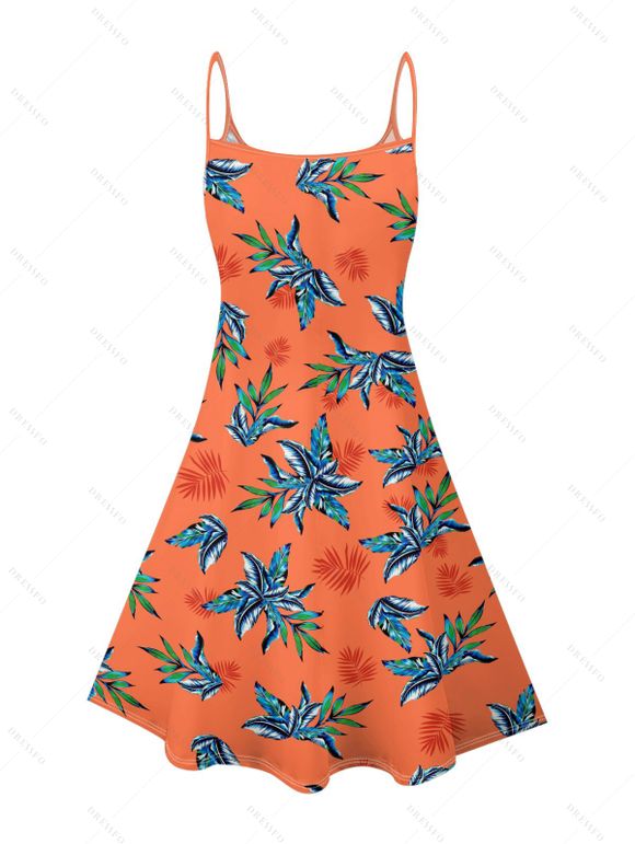 Hawaii Couple Outfit Tropical Plant Print Spaghetti Strap Dress Cinched Tankini Swimsuit and Roll Up Sleeve Shirt Drawstring Shorts Beach Matching Outfit - Orange S | US 4