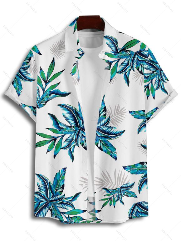 Hawaii Couple Outfit Tropical Plant Print Spaghetti Strap Dress Cinched Tankini Swimsuit and Roll Up Sleeve Shirt Drawstring Shorts Beach Matching Outfit - Blanc S | US 4