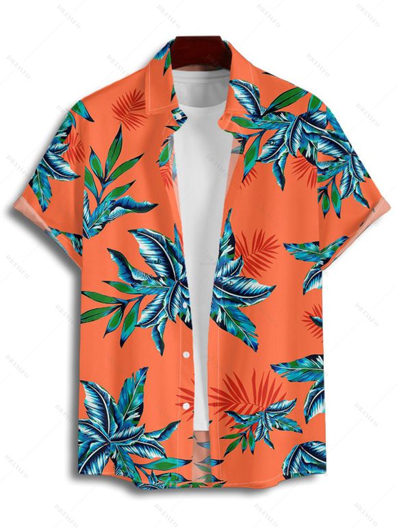 Hawaii Couple Outfit Tropical Plant Print Spaghetti Strap Dress Cinched Tankini Swimsuit and Roll Up Sleeve Shirt Drawstring Shorts Beach Matching Outfit - Orange S | US 4
