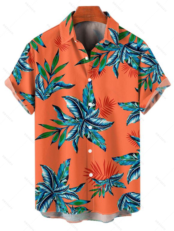 Hawaii Couple Outfit Tropical Plant Print Spaghetti Strap Dress Cinched Tankini Swimsuit and Roll Up Sleeve Shirt Drawstring Shorts Beach Matching Outfit - Orange S | US 4