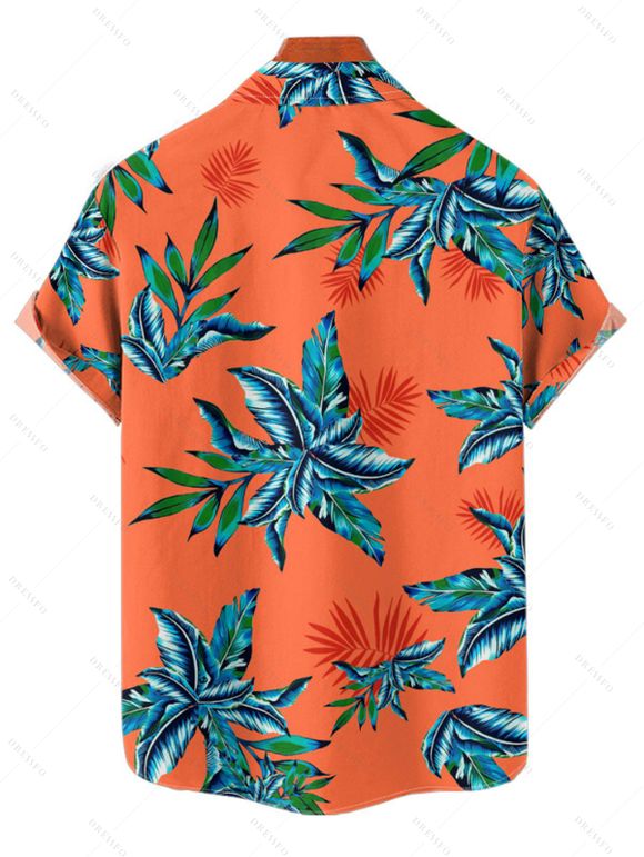 Hawaii Couple Outfit Tropical Plant Print Spaghetti Strap Dress Cinched Tankini Swimsuit and Roll Up Sleeve Shirt Drawstring Shorts Beach Matching Outfit - Orange S | US 4