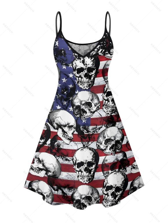 Robe gothique à motif de crânes et drapeau américain pour le jour de l'indépendance, bretelles spaghetti, col en V, coupe trapèze, mini-robe débardeur patriotique - multicolor A XXXXXL | US 20