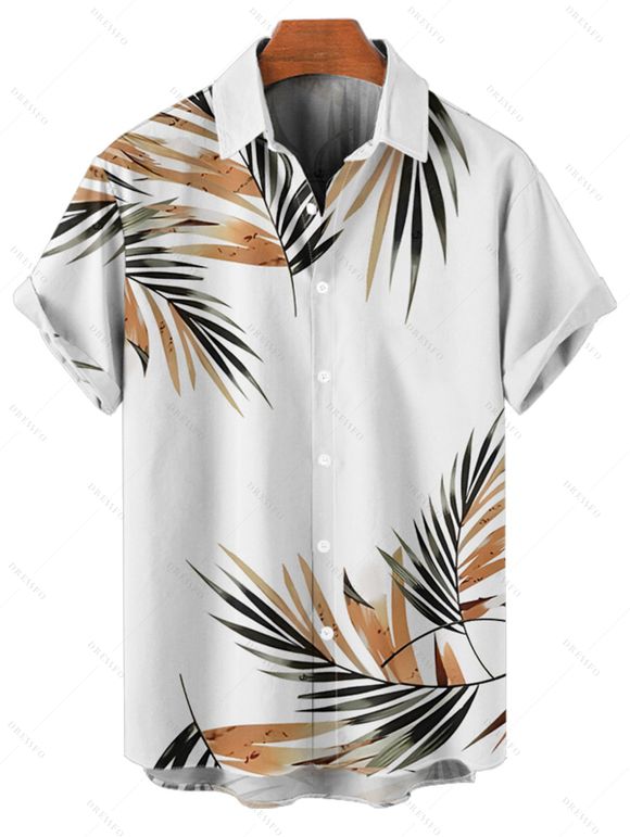 Chemise de vacances à motif feuilles pour homme, boutonnée, retroussée, manches courtes, décontractée - Blanc 5XL