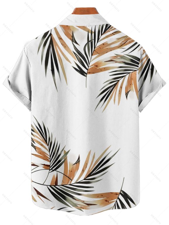 Chemise de vacances à motif feuilles pour homme, boutonnée, retroussée, manches courtes, décontractée - Blanc 2XL