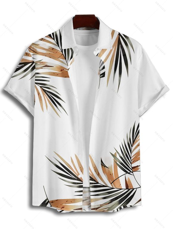 Chemise de vacances à motif feuilles pour homme, boutonnée, retroussée, manches courtes, décontractée - Blanc 2XL