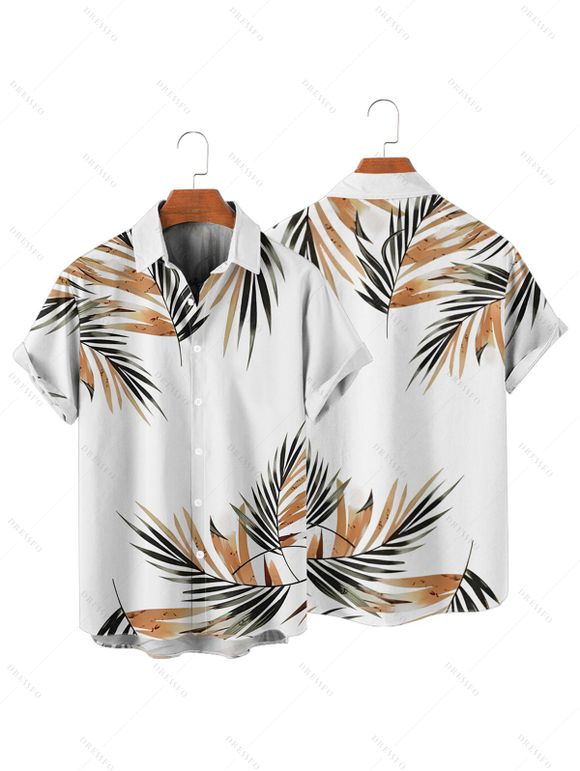 Chemise de vacances à motif feuilles pour homme, boutonnée, retroussée, manches courtes, décontractée - Blanc 2XL