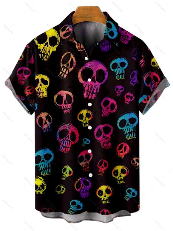 Chemise gothique à manches courtes et boutons pour homme, motif tête de mort coloré, style vacances - Noir 5XL
