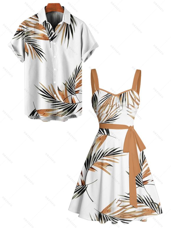 Vacation Couple Outfit Leaf Pattern Ruched Bust Sweetheart Neck A Line Mini Belt Dress and Button Up Shirt Casual Matching Outfit - Blanc S | US 4