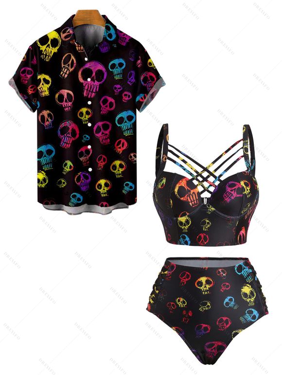 Gothic Couple Outfit Allover Colored Skulls Underwire Lattice Strap High Waisted Briefs Tankini Swimsuit and Button Up Shirt Beach Matching Outfit - Noir S | US 4