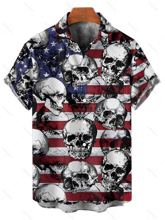 Chemise gothique à manches courtes et boutons pour homme, motif drapeau américain et crânes, style patriotique, jour de l'indépendance - Noir 5XL