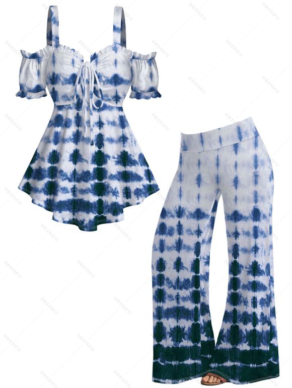 Vacation Women Outfit Tie Dye Ruffle Hem Ruched Bust Cinched Off the Shoulder Top and Wide Leg Pants Casual Two Piece Set - Bleu profond S | US 4
