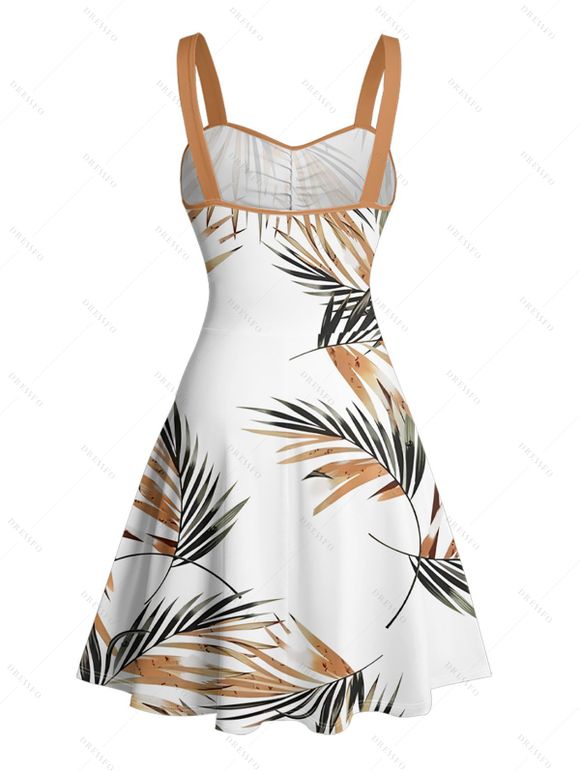 Robe de vacances à motif de feuilles, buste froncé, ceinture, col en cœur, robe trapèze mini décontractée - Blanc XXXL | US 16