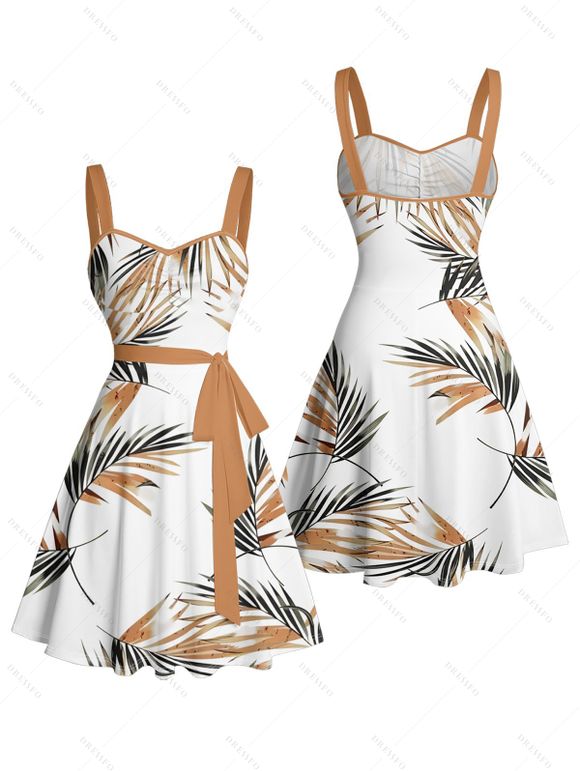 Robe de vacances à motif de feuilles, buste froncé, ceinture, col en cœur, robe trapèze mini décontractée - Blanc XXXL | US 16
