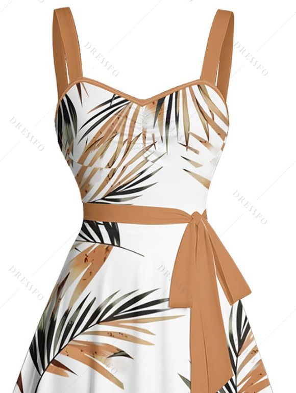 Robe de vacances à motif de feuilles, buste froncé, ceinture, col en cœur, robe trapèze mini décontractée - Blanc XXXL | US 16