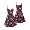Robe gothique à motif de crânes et de roses, bretelles spaghetti, col en V, coupe trapèze, mini-robe décontractée - Noir XXXXXL | US 20
