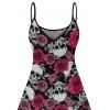 Robe gothique à motif de crânes et de roses, bretelles spaghetti, col en V, coupe trapèze, mini-robe décontractée - Noir XXXXXL | US 20