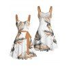 Robe de vacances à motif de feuilles, buste froncé, ceinture, col en cœur, robe trapèze mini décontractée - Blanc L | US 8-10