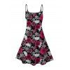Gothic Couple Outfit Allover Rose Skulls Pattern Spaghetti Strap Mini Tank Dress and Button Up Shirt Matching Outfit - Noir S | US 4