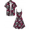 Gothic Couple Outfit Allover Rose Skulls Pattern Spaghetti Strap Mini Tank Dress and Button Up Shirt Matching Outfit - Noir S | US 4